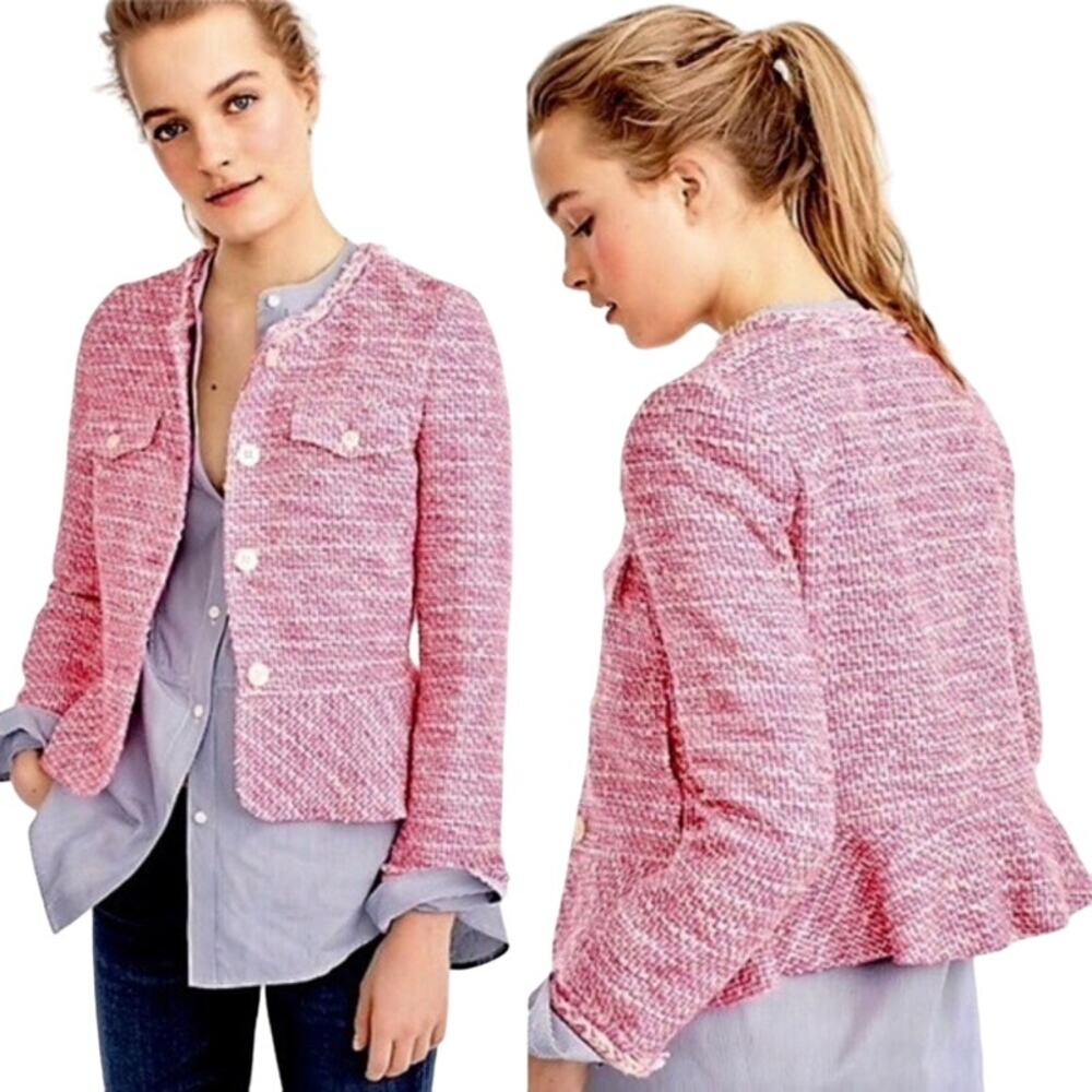 J. Crew Lady Tweed Blazer Jacket Peplum Button Up Pocket Round Neck Pink White 4